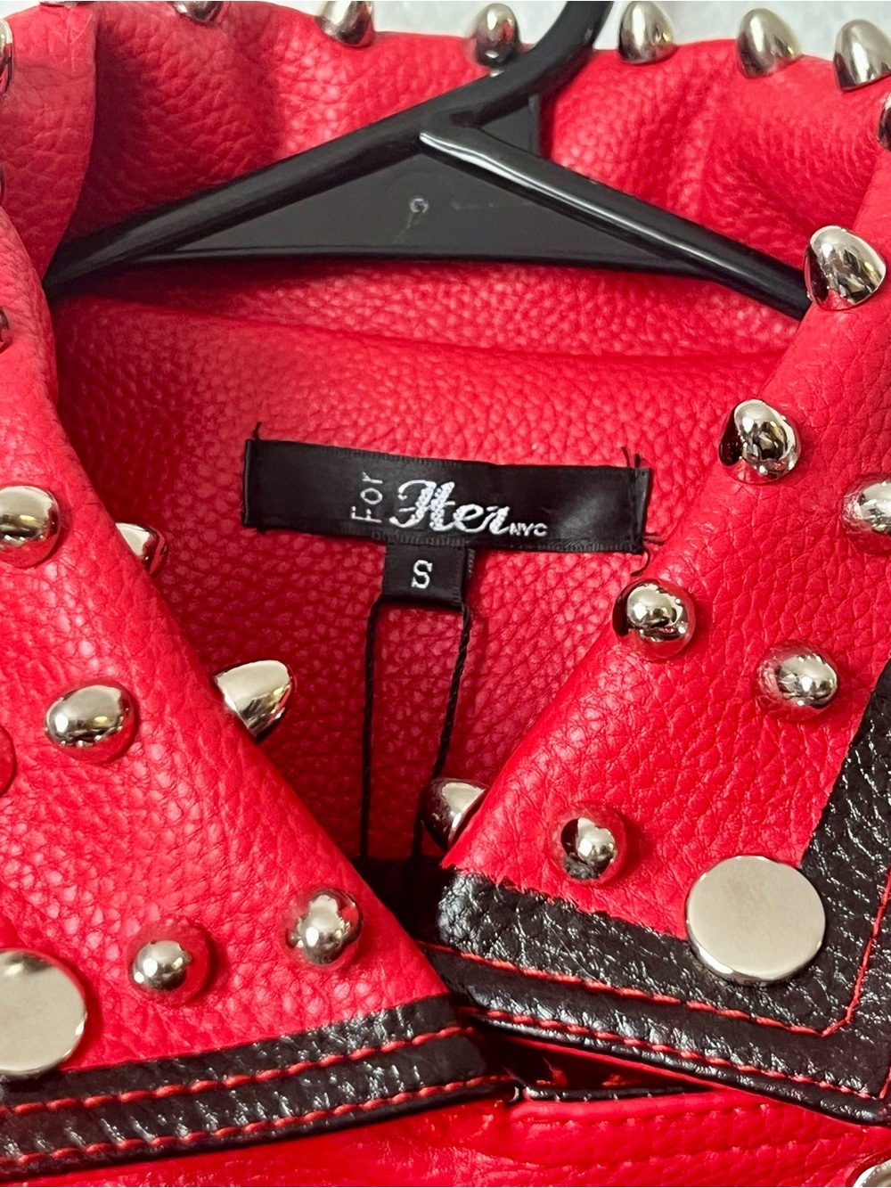 Studded Red Leather Biker Jacket with Belt - Women's Fashion - Picture 6 of 16